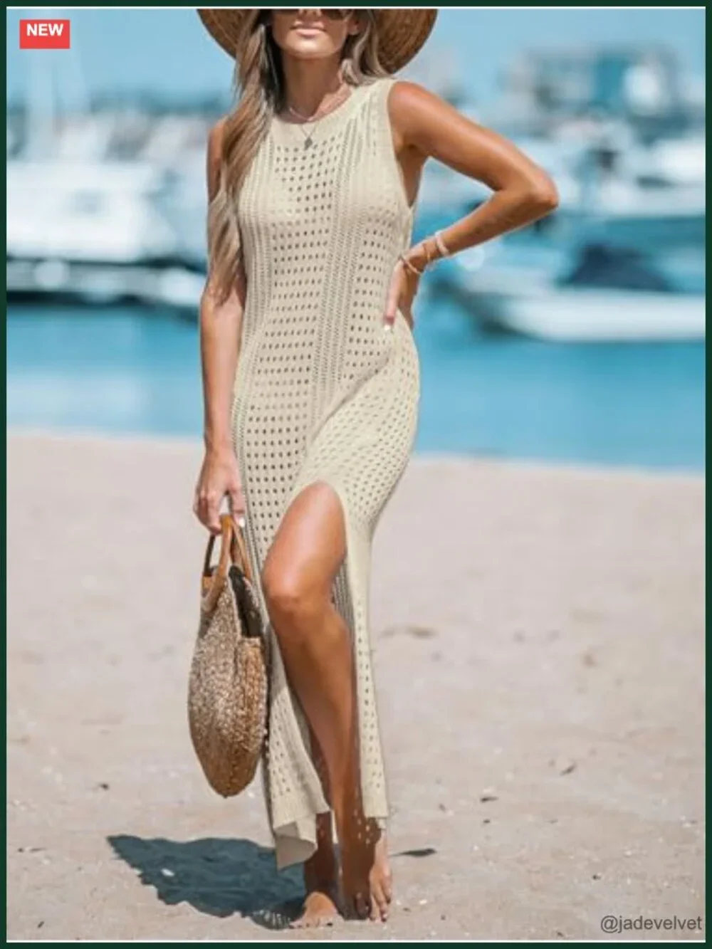 Cutout Bodycon Maxi Cover-Up Dress Crew Neck Sleeveless Summer Beach
